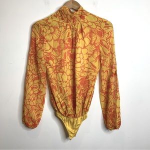 Marciano Silk Halter Open Back Floral Print Bodysuit Orange Yellow